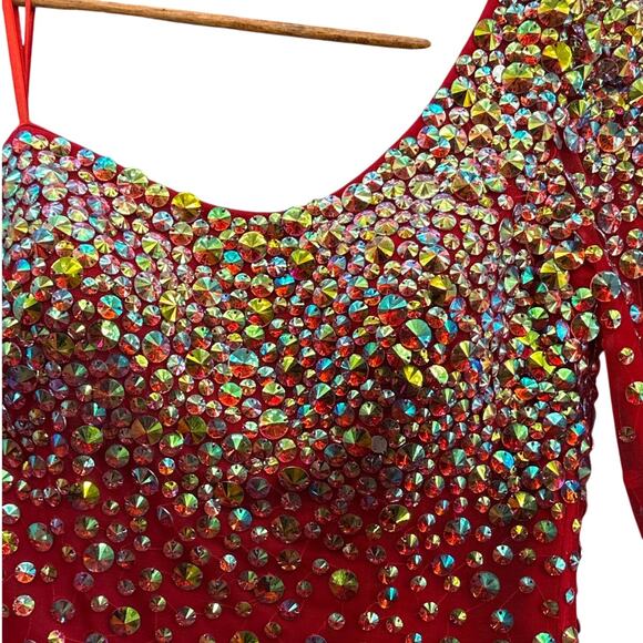 Angela & Alison Red Beaded One Sleeve Prom Formal Mini Short Dress Women 16 - Picture 3 of 10